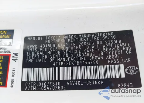 2011 Toyota Camry Le from USA, damaged, VIN 4T4BF3EK1BR145788